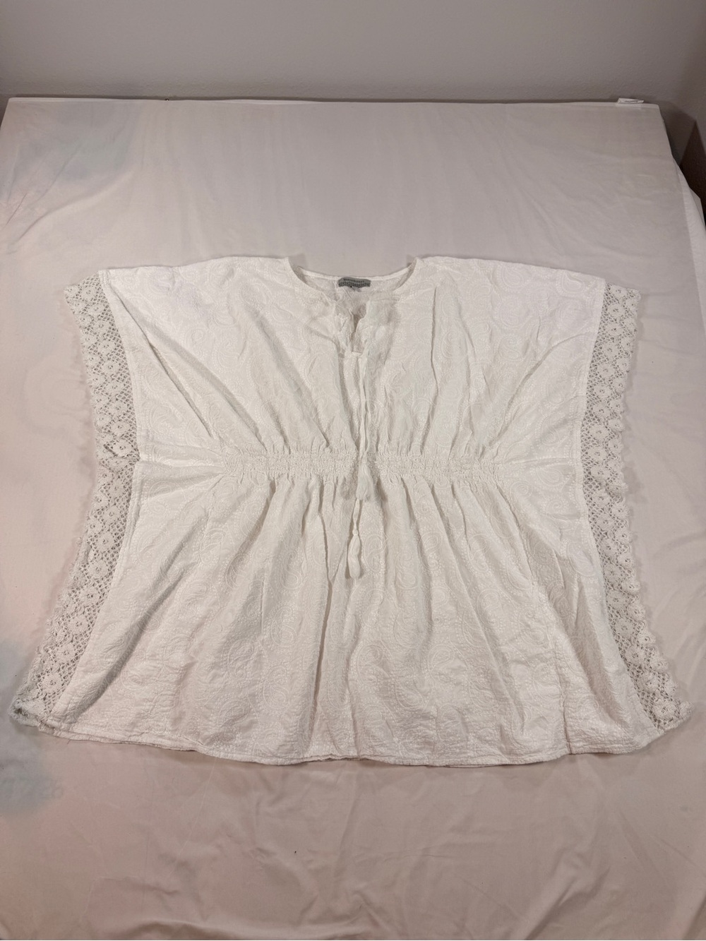 World Market White Textured Paisley Kaftan Swim Cover‎ Up 100% Cotton. Free Size